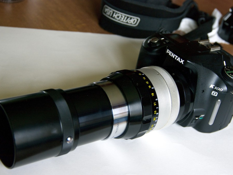 Nikkor 20cm F4 mounted on Pentax K100D